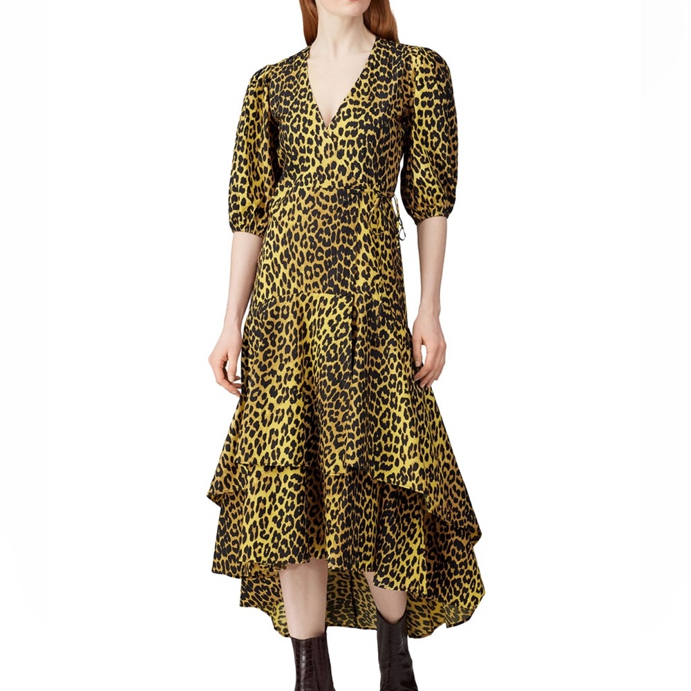 Ganni organic cotton leopard-print wrap dress, size 40
